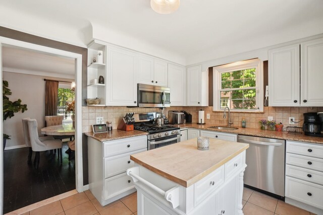441 Roland Rd, Grosse Pointe Farms, MI 48236 - kitchen with stainless steel appliances, a sink, open shelves, and plenty of natural light