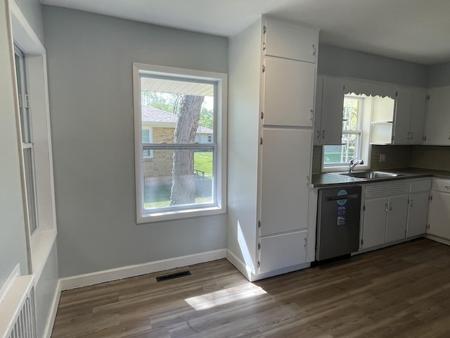 1648 Columbus Ave, Benton Harbor, MI 49022 - kitchen featuring a sink, dishwashing machine, white cabinets, dark wood-style flooring, and dark countertops