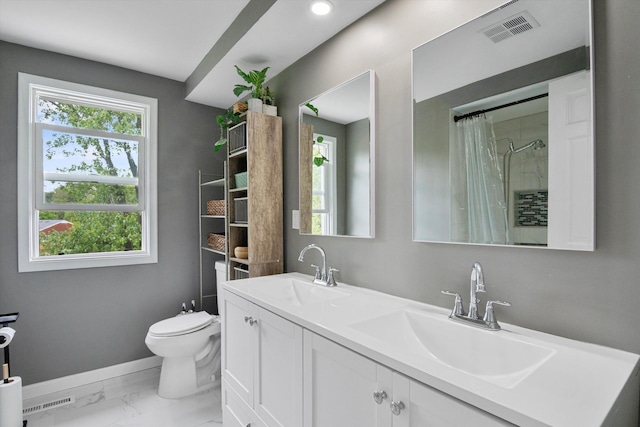18441 Roseland Blvd, Lathrup Village, MI 48076 - full bath with baseboards, toilet, marble finish floors, double vanity, and a shower with shower curtain