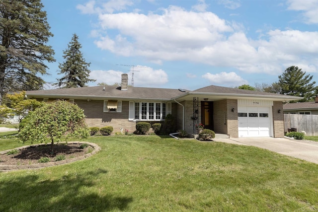 630 Alice St, Saginaw, MI 48602 - ranch-style home featuring a garage, brick siding, driveway, and a chimney