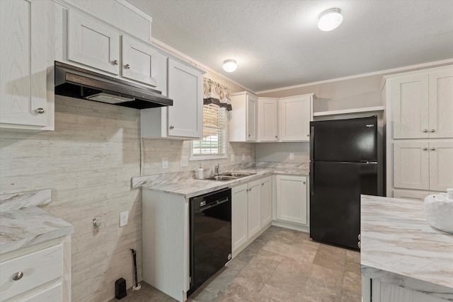 16747 Williamsville St, Vandalia, MI 49095 - kitchen featuring black appliances, a sink, under cabinet range hood, white cabinets, and crown molding