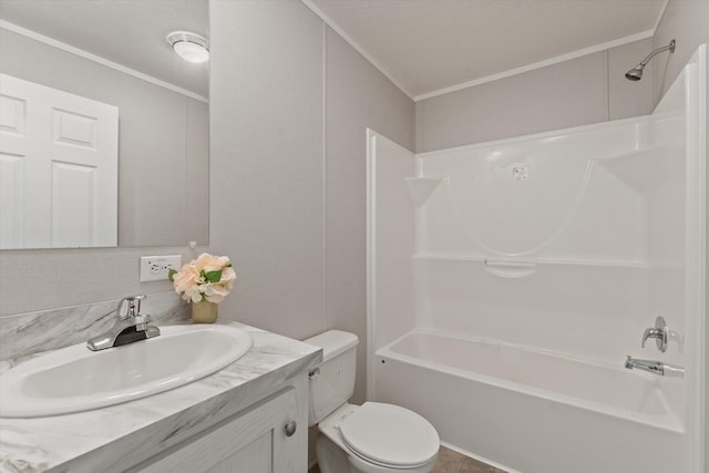 16747 Williamsville St, Vandalia, MI 49095 - bathroom featuring crown molding, toilet, washtub / shower combination, vanity, and tasteful backsplash