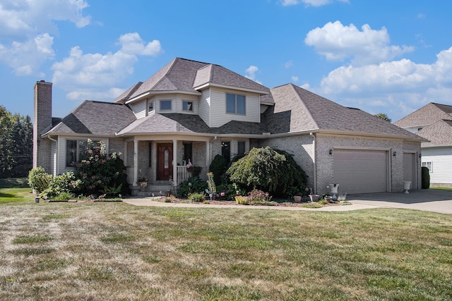 2512 Misty Ln, Davison, MI 48423 - view of front of property with an attached garage, brick siding, driveway, a front yard, and covered porch