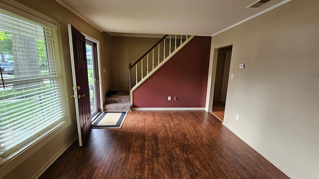 938 Little Hill Ct, Rochester Hills, MI 48307 - foyer entrance with wood finished floors, crown molding, stairway, and baseboards