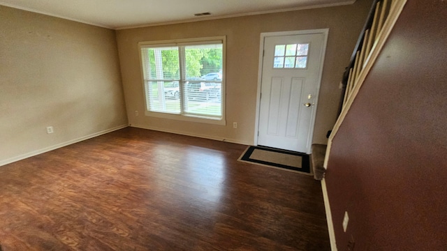 938 Little Hill Ct, Rochester Hills, MI 48307 - foyer with dark wood-style flooring, ornamental molding, baseboards, and stairs