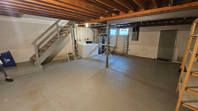 938 Little Hill Ct, Rochester Hills, MI 48307 - basement with washer and clothes dryer, stairs, gas water heater, and electric panel