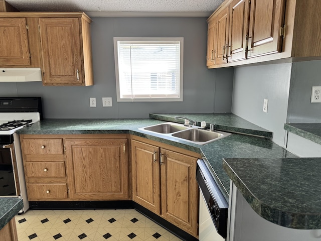 829 Savannah River Dr Unit 82, Adrian, MI 49221 - kitchen featuring gas range, under cabinet range hood, a sink, dishwashing machine, and brown cabinetry