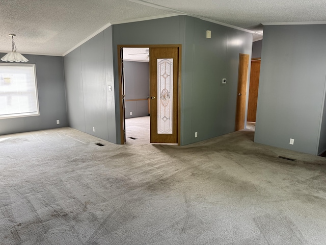 829 Savannah River Dr Unit 82, Adrian, MI 49221 - unfurnished room featuring crown molding, a textured ceiling, carpet floors, and lofted ceiling