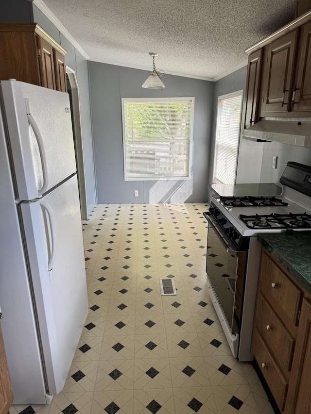 829 Savannah River Dr, Adrian, MI 49221 - kitchen featuring freestanding refrigerator, range with gas cooktop, ventilation hood, ornamental molding, and dark countertops