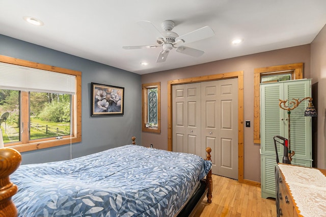 18862 Oxbow Dr, Barryton, MI 49305 - bedroom with light wood-type flooring, recessed lighting, and ceiling fan