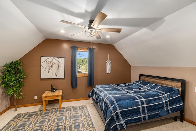 18862 Oxbow Dr, Barryton, MI 49305 - bedroom featuring vaulted ceiling, baseboards, carpet, and ceiling fan