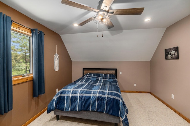 18862 Oxbow Dr, Barryton, MI 49305 - bedroom featuring lofted ceiling, baseboards, carpet floors, a ceiling fan, and recessed lighting