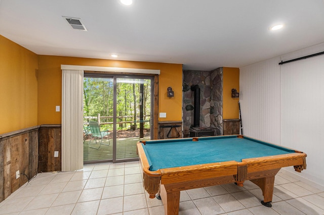 18862 Oxbow Dr, Barryton, MI 49305 - playroom with a wainscoted wall, light tile patterned floors, wood walls, pool table, and recessed lighting