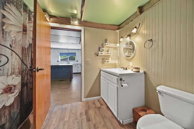 10913 E Railroad St, Clayton, MI 49235 - bathroom with wood finished floors, toilet, vanity, and wood walls