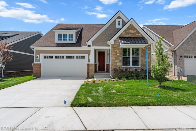 2396 Pondview Ln, Troy, MI 48085 - craftsman inspired home with an attached garage, a front yard, driveway, a shingled roof, and stone siding