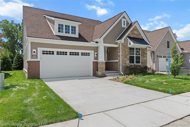 2396 Pondview Ln, Troy, MI 48085 - craftsman-style home featuring driveway, a front lawn, brick siding, an attached garage, and a shingled roof