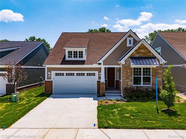 2396 Pondview Ln, Troy, MI 48085 - craftsman house with an attached garage, driveway, a front lawn, and stone siding