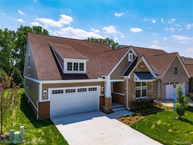 2396 Pondview Ln, Troy, MI 48085 - view of front of home featuring driveway, a front lawn, a shingled roof, and a porch