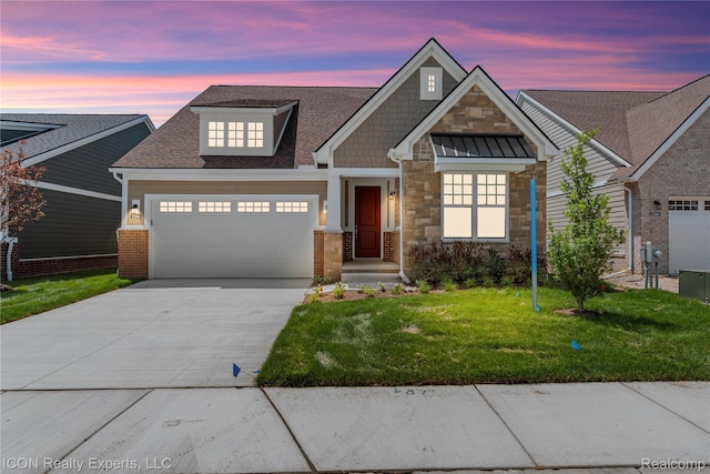 2396 Pondview Ln, Troy, MI 48085 - view of front of home featuring an attached garage, driveway, a lawn, a shingled roof, and stone siding