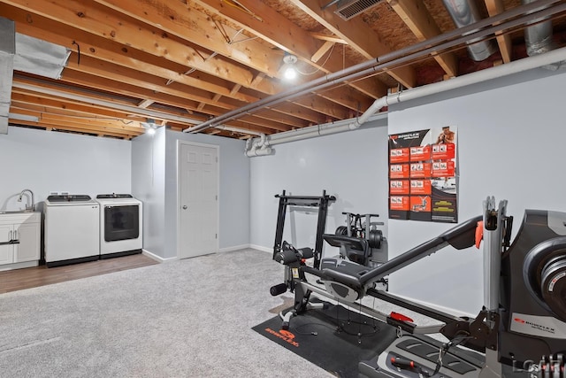 9705 Crescent Ct, Tecumseh, MI 49286 - exercise room with washing machine and clothes dryer, carpet, and a sink