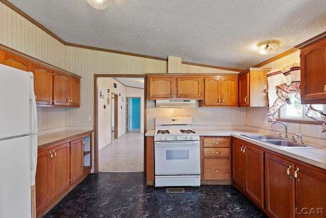 943 Howell Ave, Adrian, MI 49221 - kitchen with white appliances, crown molding, a sink, wallpapered walls, and dark floors