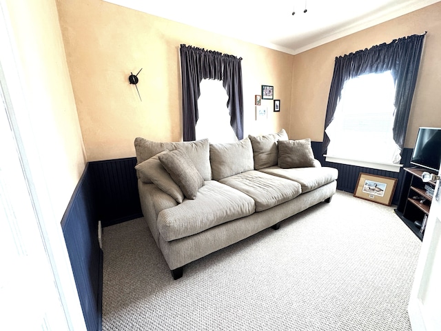 25220 Code Rd, Southfield, MI 48033 - living room featuring carpet, wainscoting, and ornamental molding