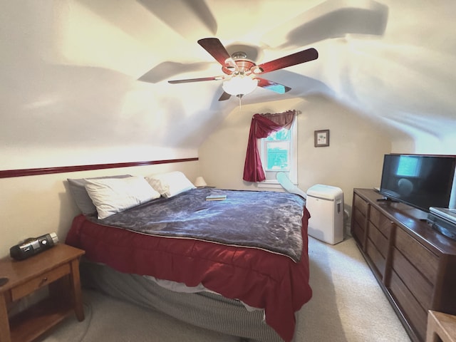 25220 Code Rd, Southfield, MI 48033 - bedroom with light colored carpet, vaulted ceiling, and a ceiling fan