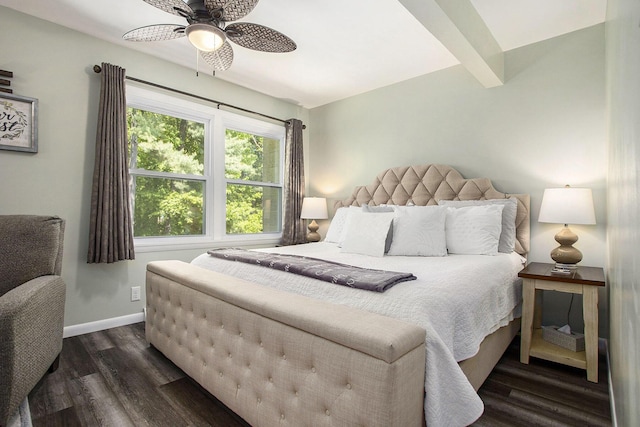bedroom with dark wood finished floors, baseboards, and ceiling fan
