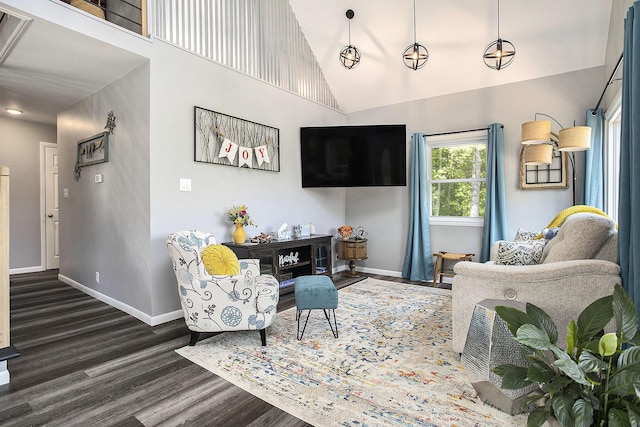 living room featuring wood finished floors, baseboards, and a high ceiling