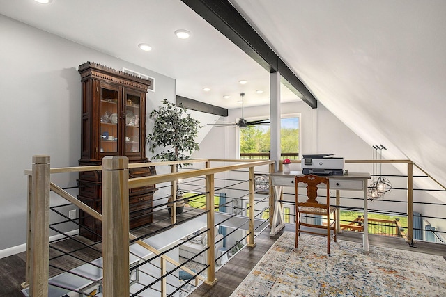 office space featuring wood finished floors, ceiling fan, recessed lighting, vaulted ceiling, and baseboards