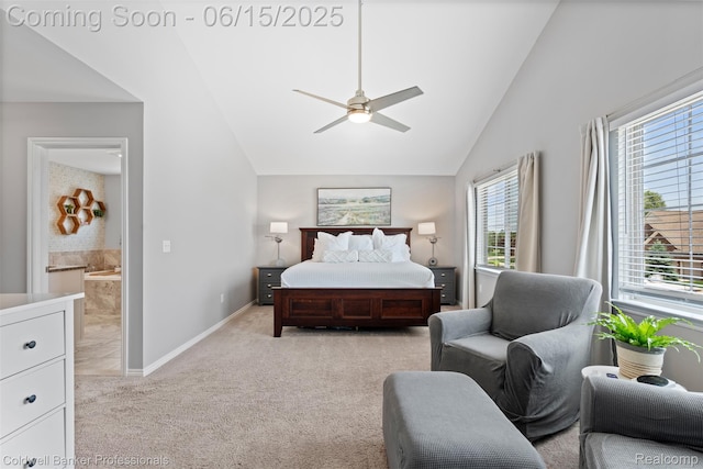 52851 Schafers Run Ct, Chesterfield, MI 48051 - bedroom with light carpet, lofted ceiling, ensuite bath, and a ceiling fan