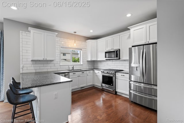 52851 Schafers Run Ct, Chesterfield, MI 48051 - kitchen with appliances with stainless steel finishes, a peninsula, white cabinets, decorative backsplash, and dark wood-style flooring