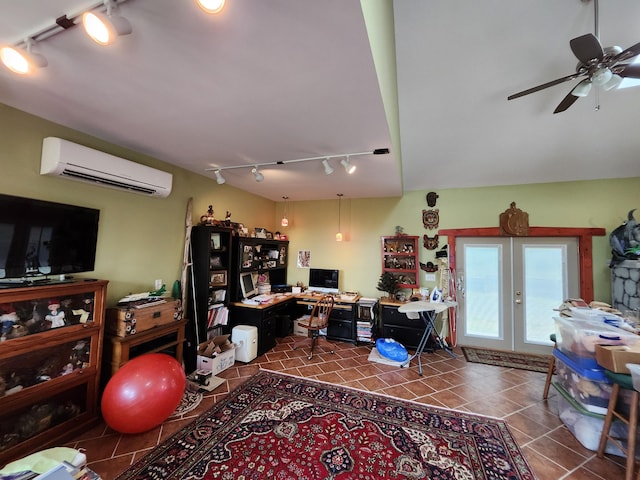 5005 S Brye Rd, Ludington, MI 49431 - tiled home office with an AC wall unit, rail lighting, french doors, and ceiling fan