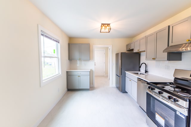 27396 Beechurst St, Roseville, MI 48066 - kitchen with stainless steel appliances, gray cabinetry, a sink, under cabinet range hood, and backsplash