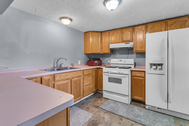 8595 Rives Junction Rd, Rives Junction, MI 49277 - kitchen featuring white appliances, under cabinet range hood, a sink, light countertops, and stone finish flooring