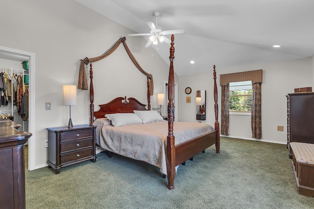 8595 Rives Junction Rd, Rives Junction, MI 49277 - carpeted bedroom featuring vaulted ceiling, a walk in closet, baseboards, a closet, and ceiling fan