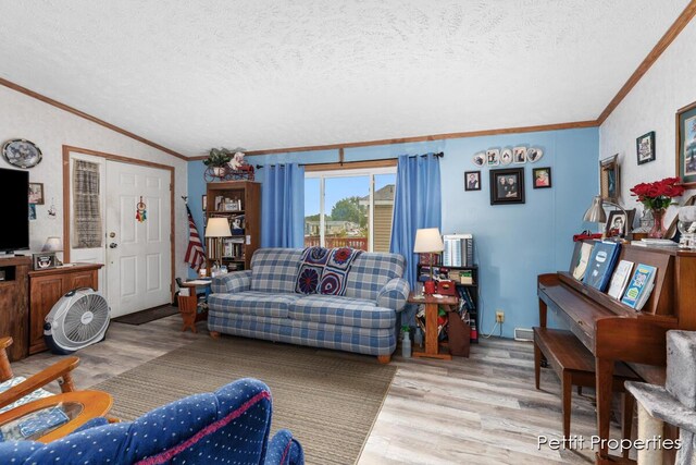 1633 Lavender Dr, Hastings, MI 49058 - living room featuring crown molding, wood finished floors, a textured ceiling, and lofted ceiling