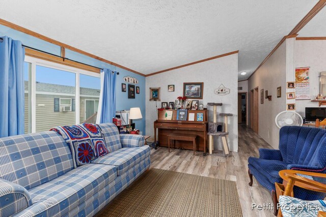 1633 Lavender Dr, Hastings, MI 49058 - living area featuring wood finished floors, ornamental molding, lofted ceiling, and a textured ceiling