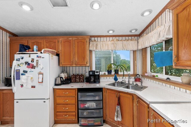 1633 Lavender Dr, Hastings, MI 49058 - kitchen featuring freestanding refrigerator, a sink, light countertops, brown cabinetry, and a textured ceiling