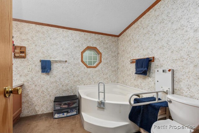 1633 Lavender Dr, Hastings, MI 49058 - bathroom with crown molding, vaulted ceiling, toilet, a bath, and wallpapered walls