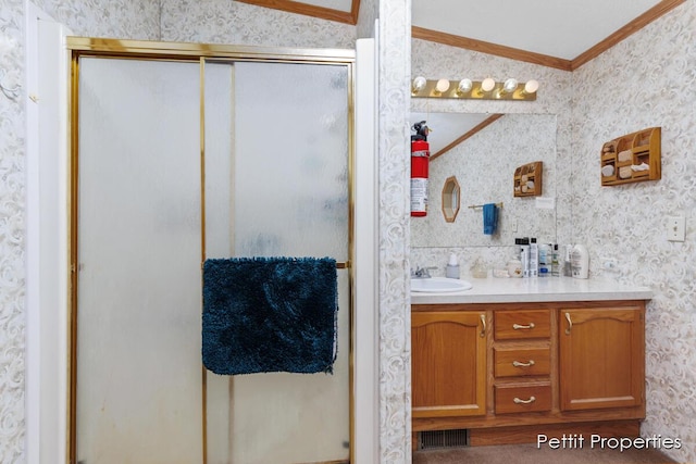 1633 Lavender Dr, Hastings, MI 49058 - bathroom featuring crown molding, vanity, a shower stall, and wallpapered walls