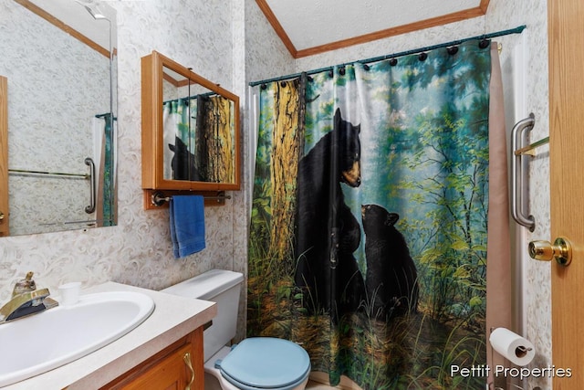 1633 Lavender Dr, Hastings, MI 49058 - bathroom featuring wallpapered walls, crown molding, vanity, a shower with curtain, and toilet