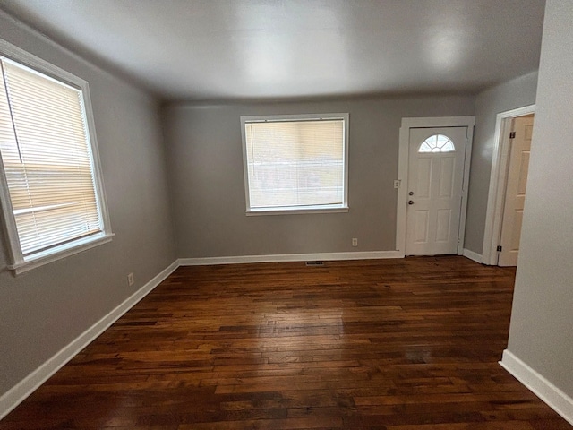 entrance foyer featuring healthy amount of natural light, dark wood-style flooring, and baseboards