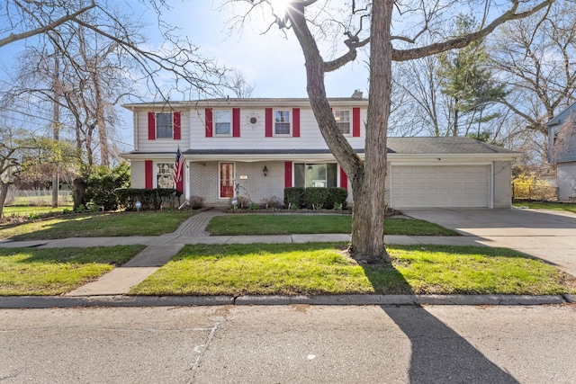 view of front of house featuring brick siding, a garage, concrete driveway, and a front yard
