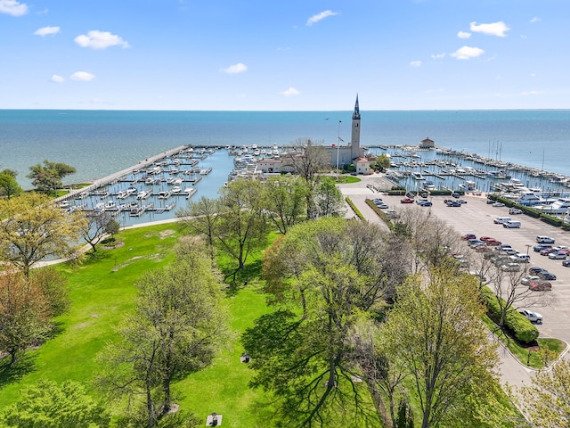 bird's eye view of a marina and a large body of water