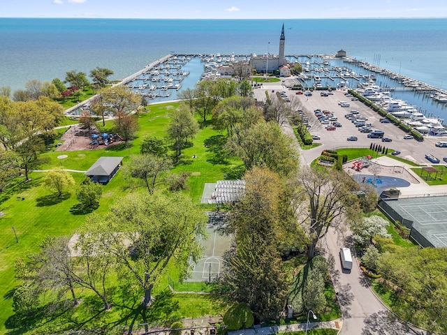 bird's eye view of a marina and a large body of water