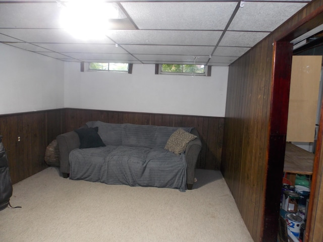 19526 Broadacres St, Clinton Township, MI 48035 - basement featuring wood walls, carpet, a drop ceiling, and a wainscoted wall