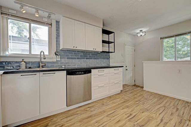 19526 Broadacres St, Clinton Township, MI 48035 - kitchen featuring stainless steel dishwasher, light wood finished floors, dark countertops, and white cabinets