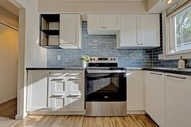 19526 Broadacres St, Clinton Township, MI 48035 - kitchen featuring stainless steel range with electric stovetop, light wood finished floors, white cabinets, and dark countertops