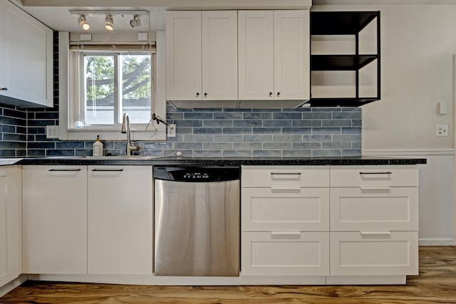 19526 Broadacres St, Clinton Township, MI 48035 - kitchen with stainless steel dishwasher, white cabinets, dark countertops, and wood finished floors